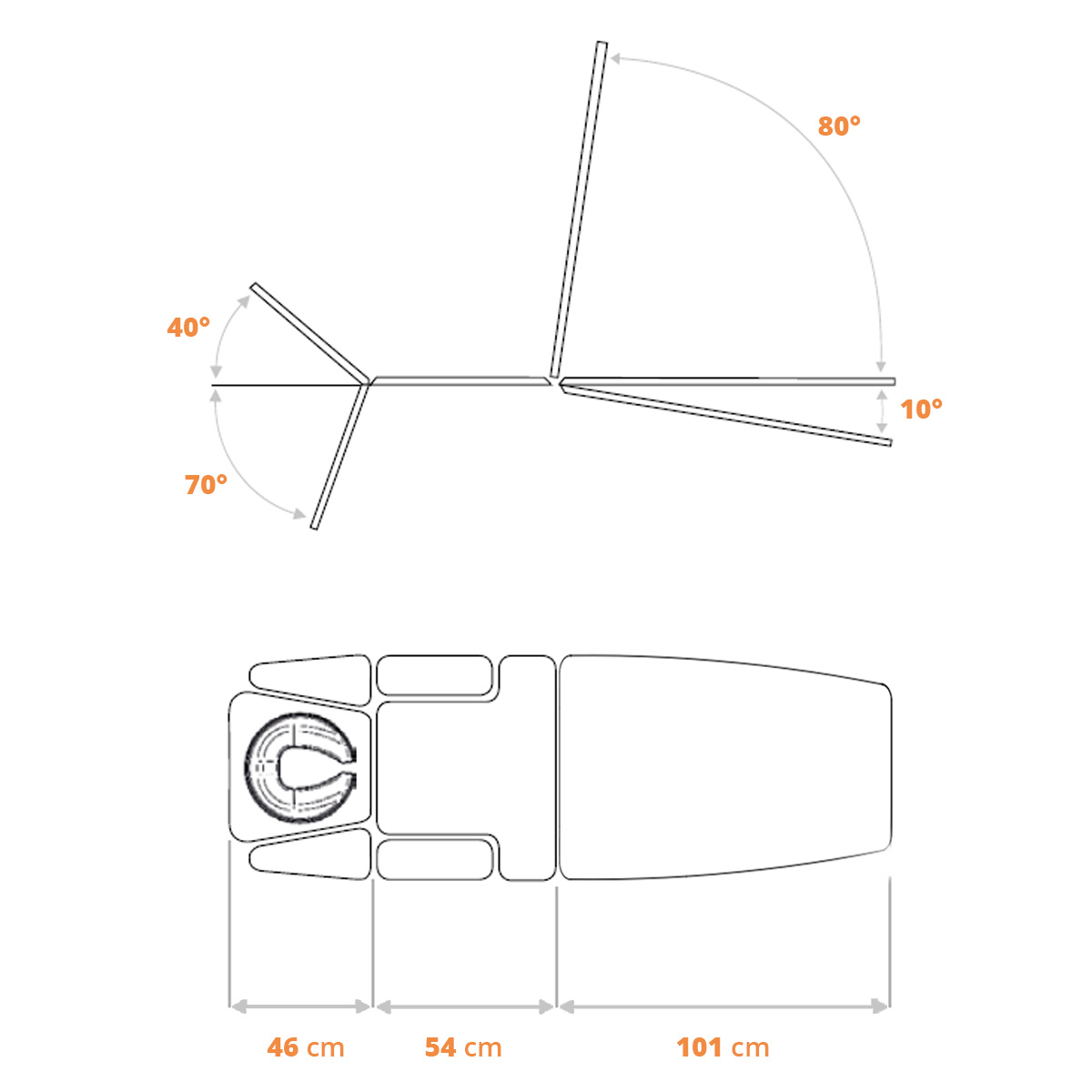 Therapieliege Stockholm, 7-Segmente, Skizze Liegefläche mit Maßen