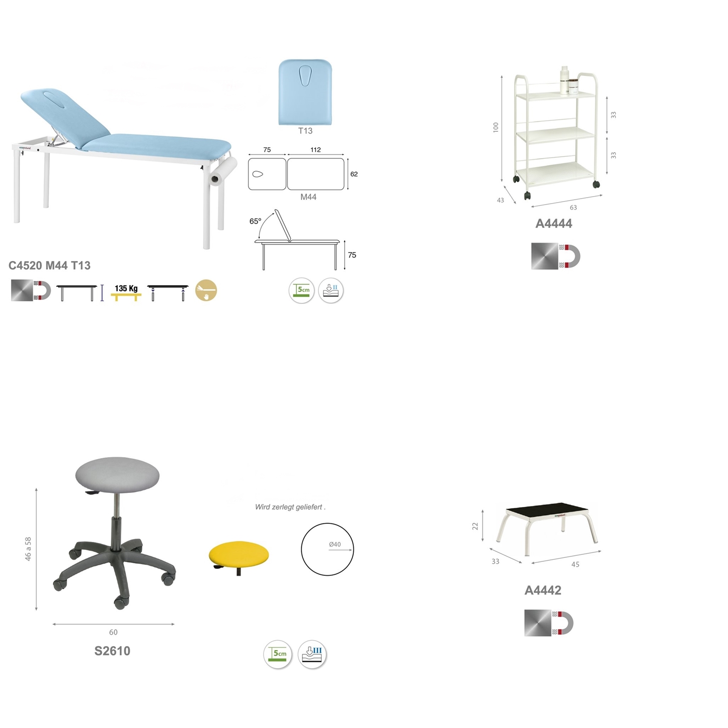 Das Einrichtungs-Set mit Therapieliege PACK01 im Detail. Einrichtungs-Set PACK01 im Detail. - Technische Details Ecopostural