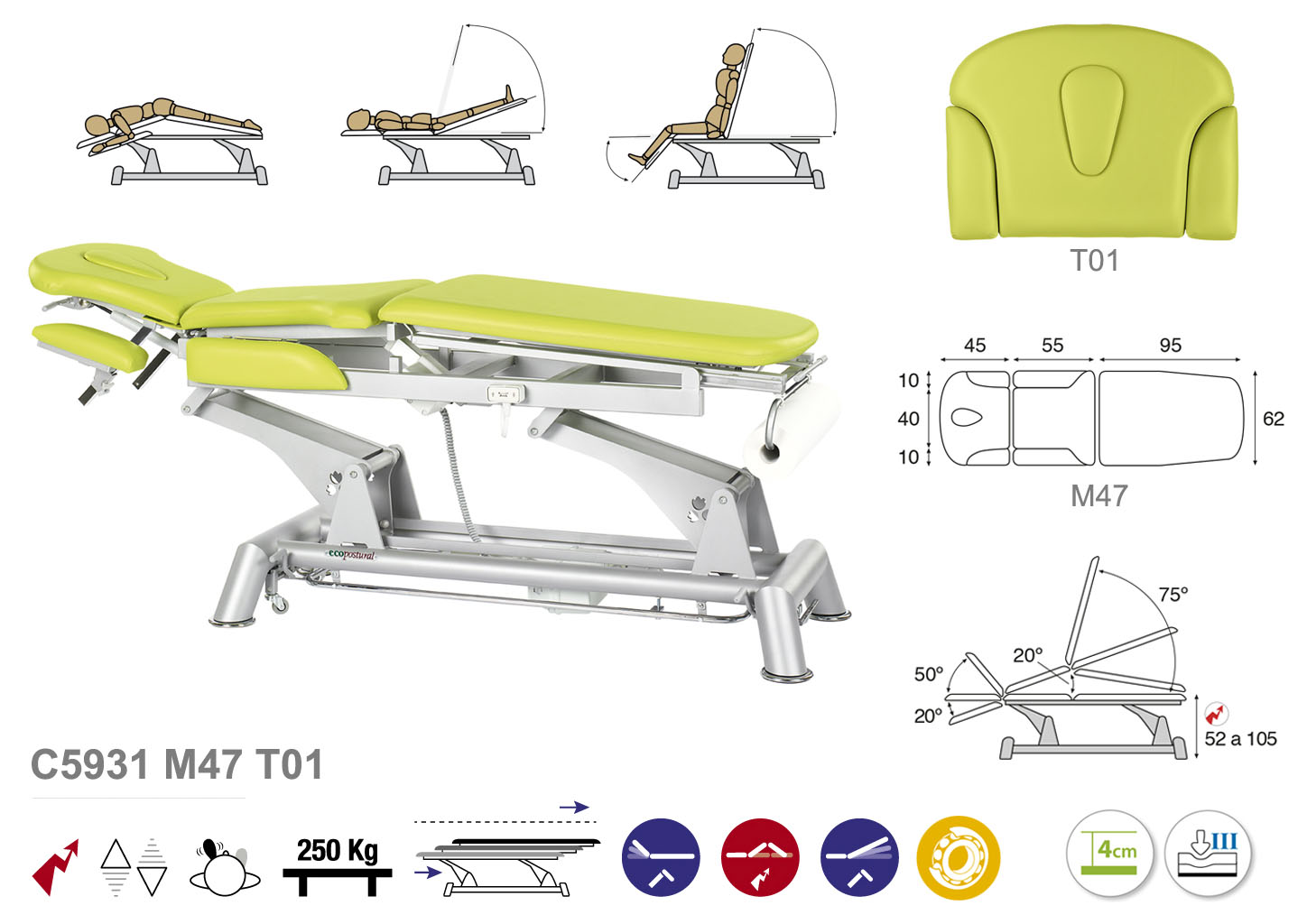 Massageliege & Therapieliege & Multifunktionsliege C5931 mit Kopfteil T01  - Technische Details Ecopostural