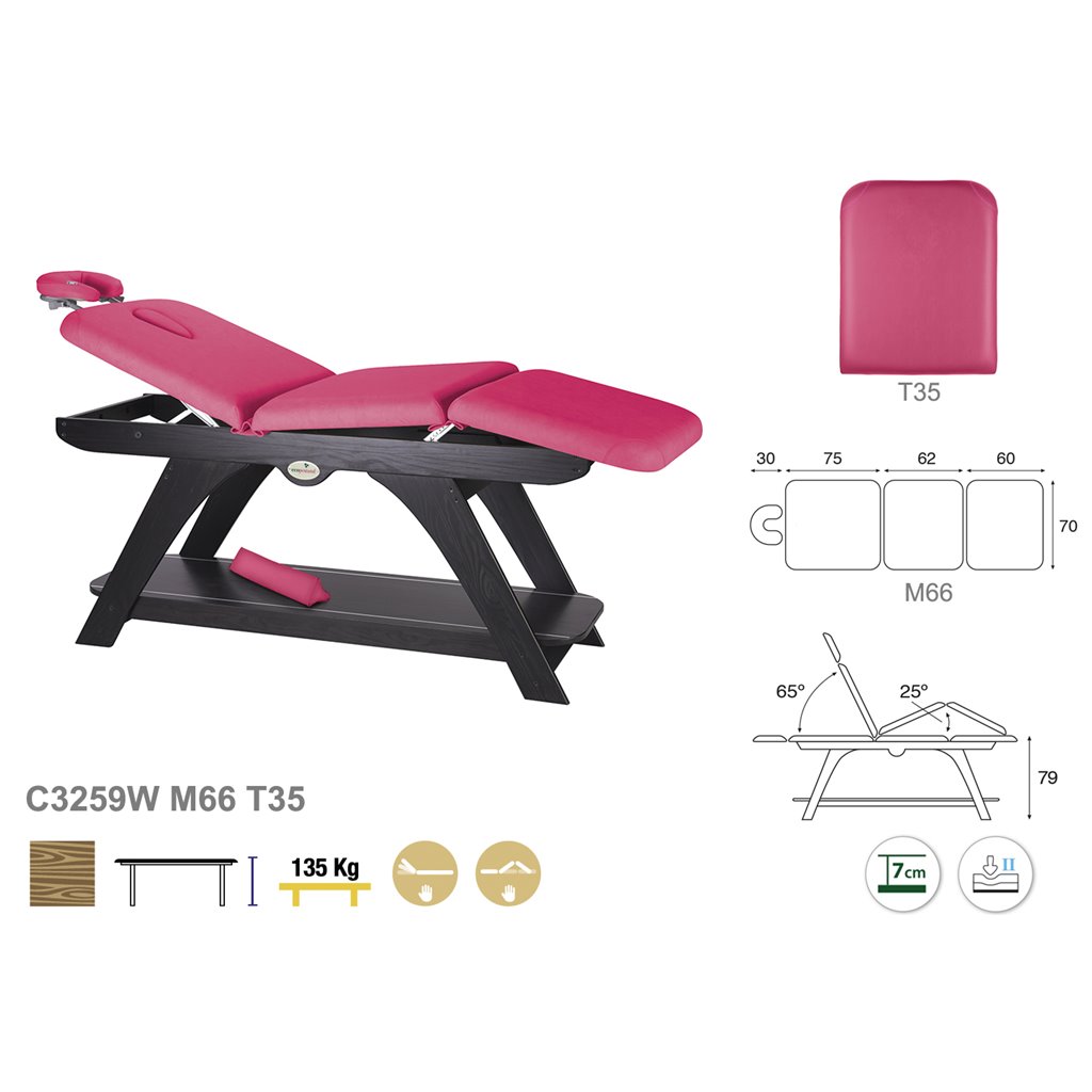 Technische Details der Massageliege C3259W Mit Dachstellung von Ecopostural inkl. Ablageboden und abnehmbarer Kopfstütze C3259W - Technische Details Ecopostural
